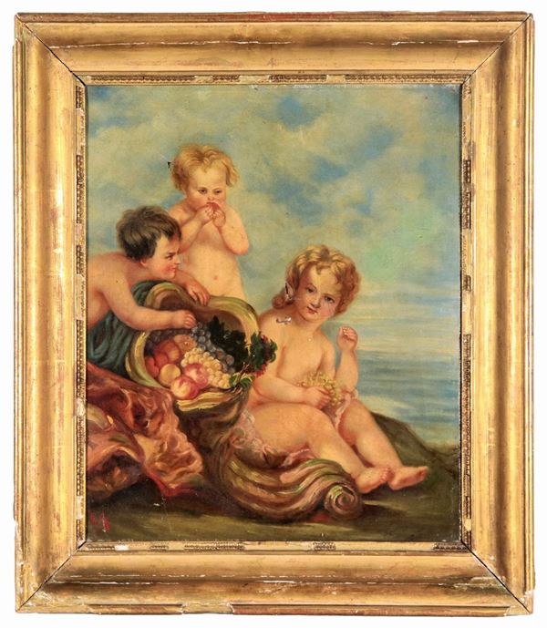 Scuola Italiana Fine XIX Secolo - Siglato. "Allegoria di putti con frutta", dipinto ad olio su tela 