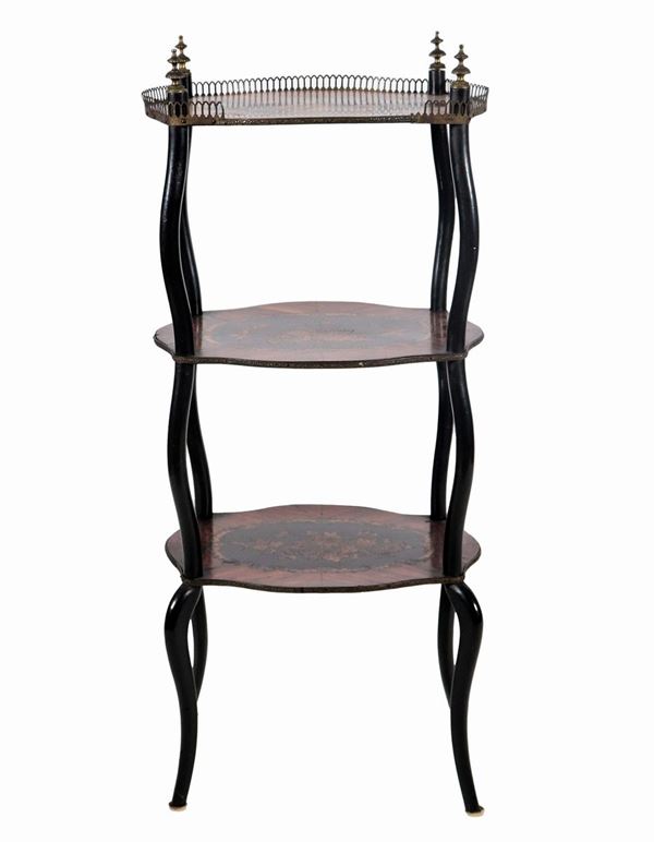 French gueridon from the center with three shelves in purple ebony, with inlays with motifs of bunches of flowers, four shaped ebonized legs