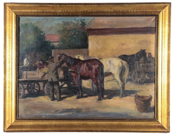 Scuola Italiana Inizio XX Secolo - Firmato. "Contadini con carretti e cavalli", dipinto ad olio su tela