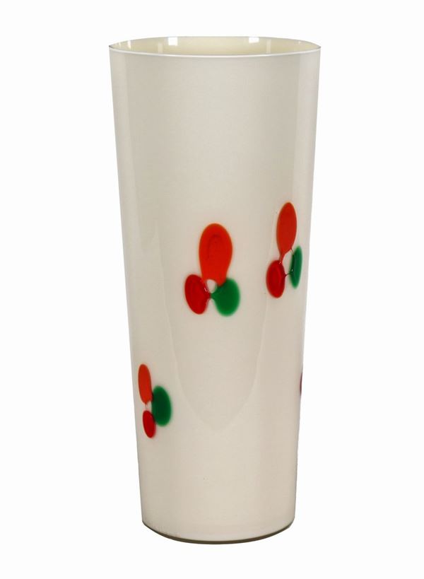 Vaso in cristallo e vetro soffiato di Murano avorio, con applicazioni di pois colorati a rilievo