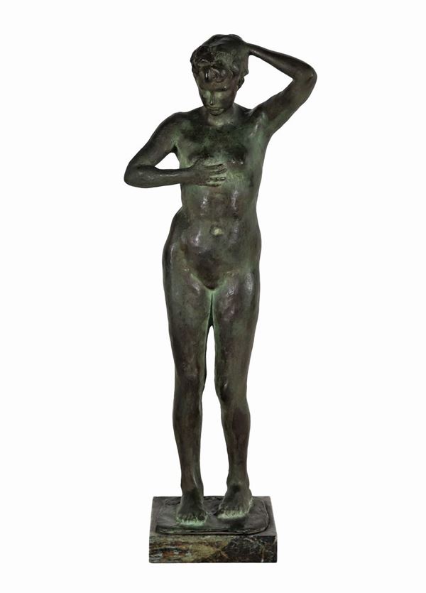 "Young girl nude", bronze sculpture with marble base. Signed