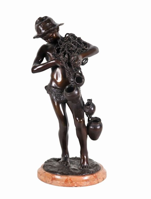 Achille D'Orsi - Firmata. "Acquaiolo con brocche", scultura in bronzo con base circolare in marmo brecciato