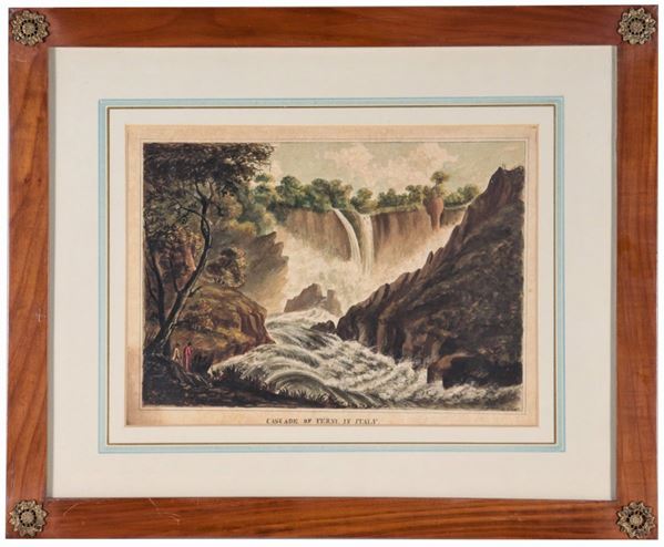 Pittore Inglese XIX Secolo - Firmata. "La cascata delle Marmore vicino Terni", gouache su carta