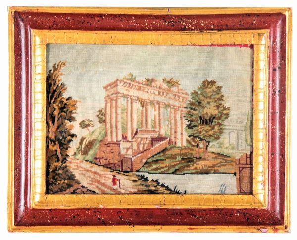 "View of Roman ruins", half-stitch embroidery in a gilded wood frame and lacquered with imitation marble