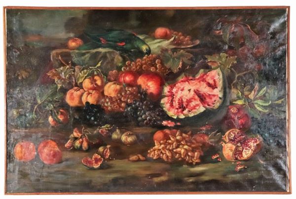 Scuola Italiana Inizio XX Secolo - "Still life of fruit and parrot", oil painting on canvas