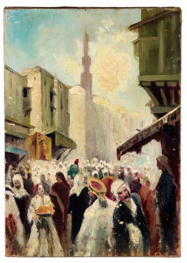 Pittore Orientalista Inizio XX Secolo - Signed. "Arab market", oil painting on canvas