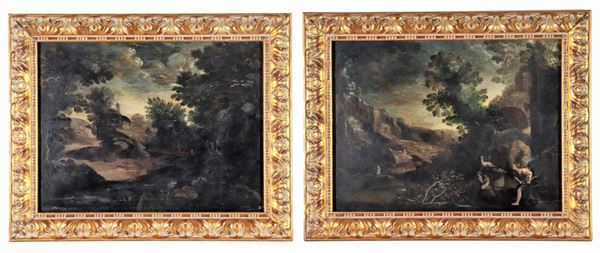 Scuola Italiana XIX Secolo - "Mediterranean landscapes with characters", pair of oil paintings on wood