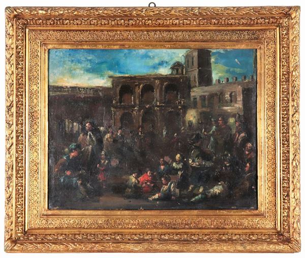 Scuola Fiamminga XIX Secolo - "Market on the square with houses and ruins", oil painting on canvas