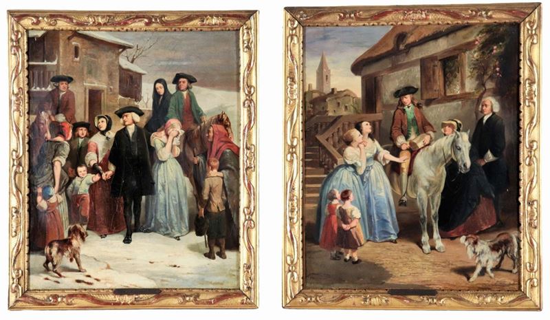 Firmati e datati 1838. "Scene di vita familiare", coppia di dipinti ad olio su tela