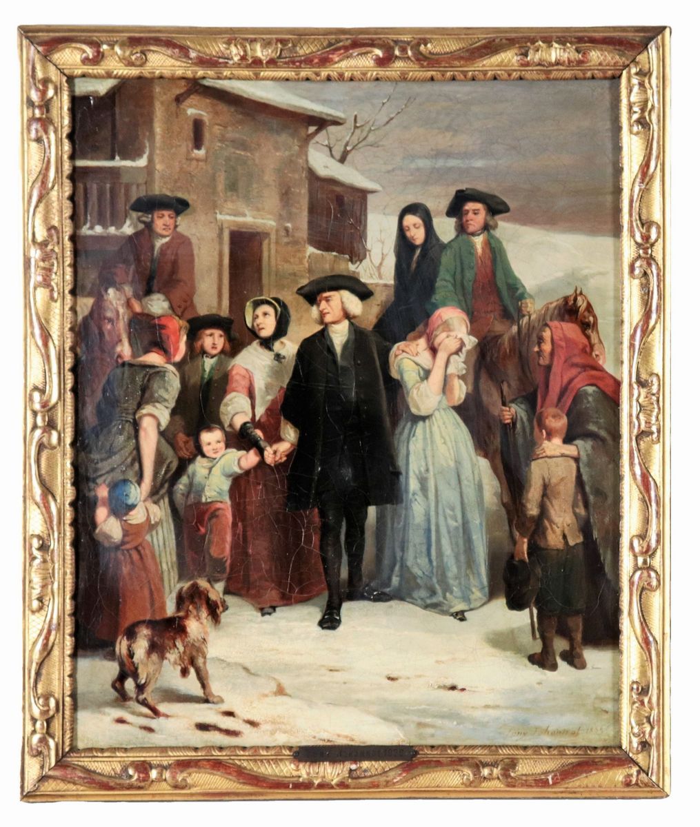 Firmati e datati 1838. "Scene di vita familiare", coppia di dipinti ad olio su tela