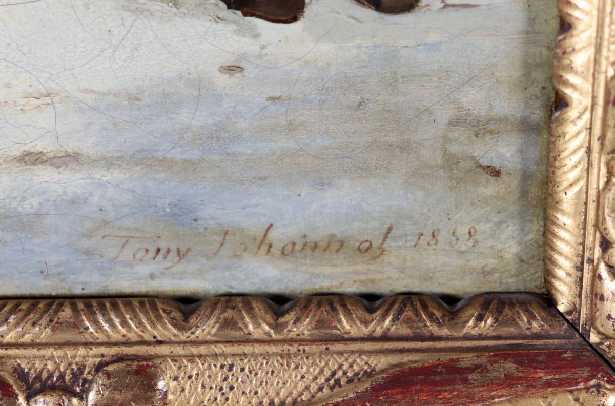 Firmati e datati 1838. "Scene di vita familiare", coppia di dipinti ad olio su tela