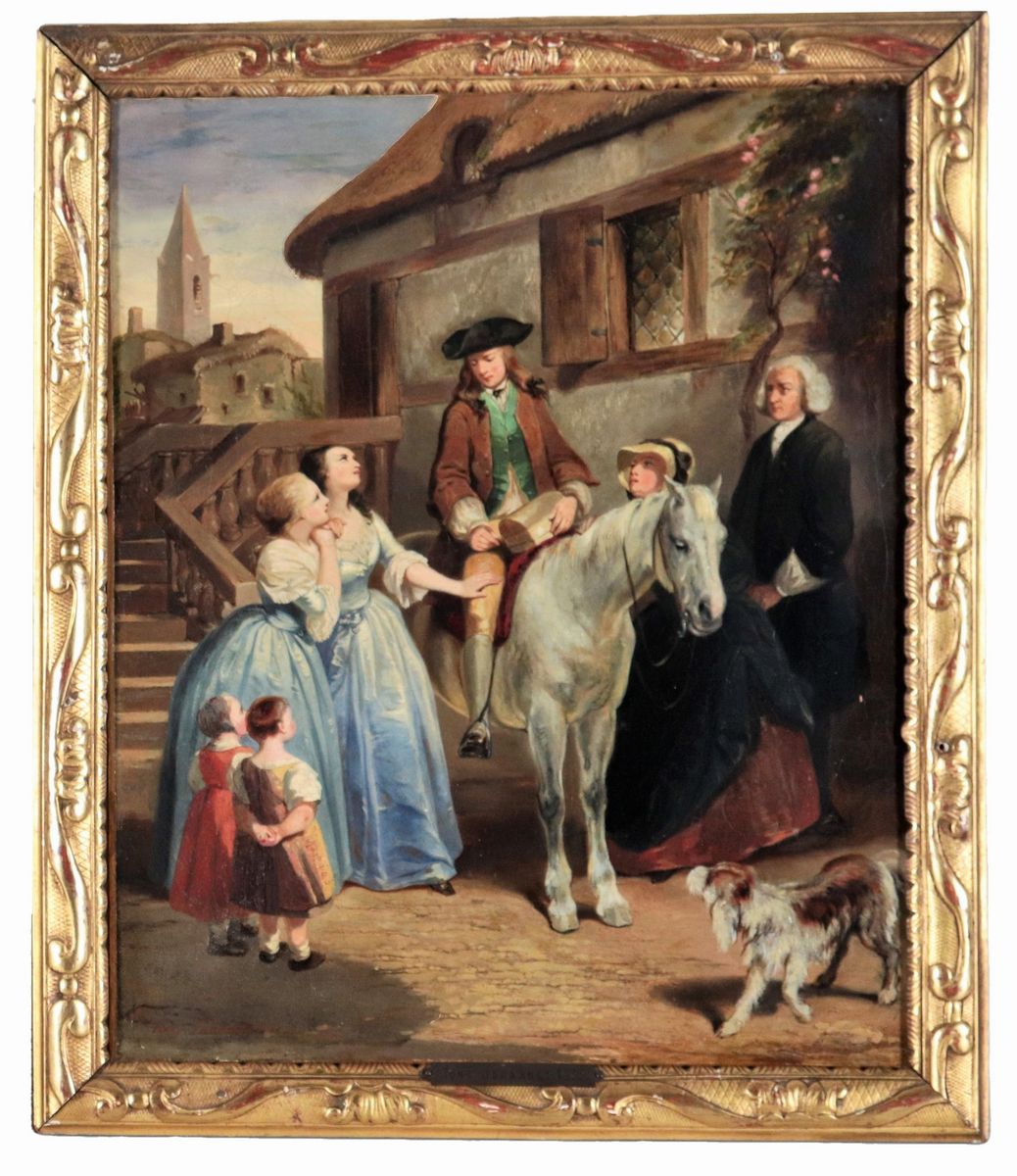 Firmati e datati 1838. "Scene di vita familiare", coppia di dipinti ad olio su tela