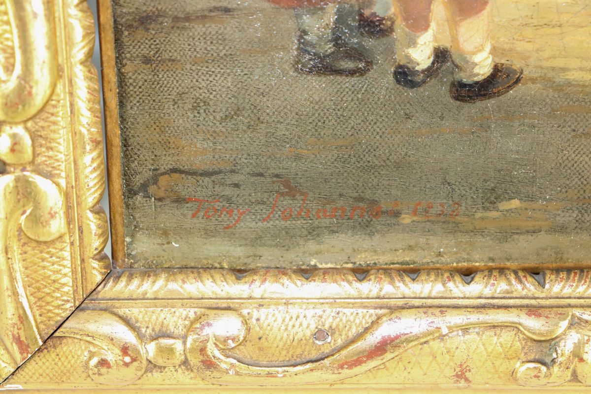 Firmati e datati 1838. "Scene di vita familiare", coppia di dipinti ad olio su tela