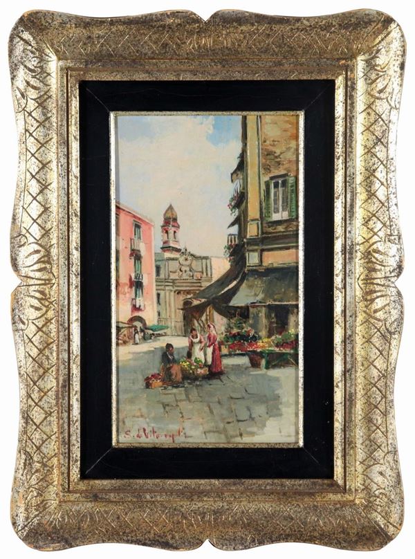 De Vito S. Inizio XX Secolo - Signed and registered Naples. "Market with a flower seller", small oil painting on a tablet