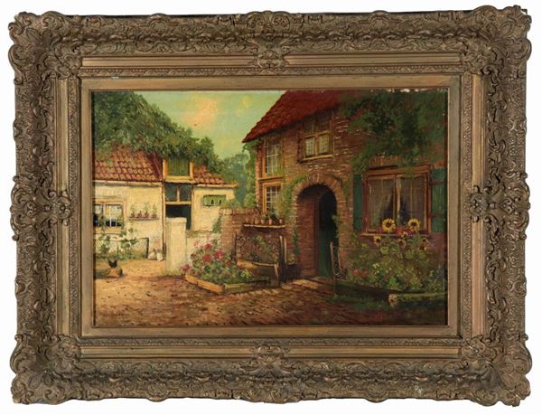 Pittore Inglese XIX Secolo - Signed. "Country house with flower garden", oil painting on canvas