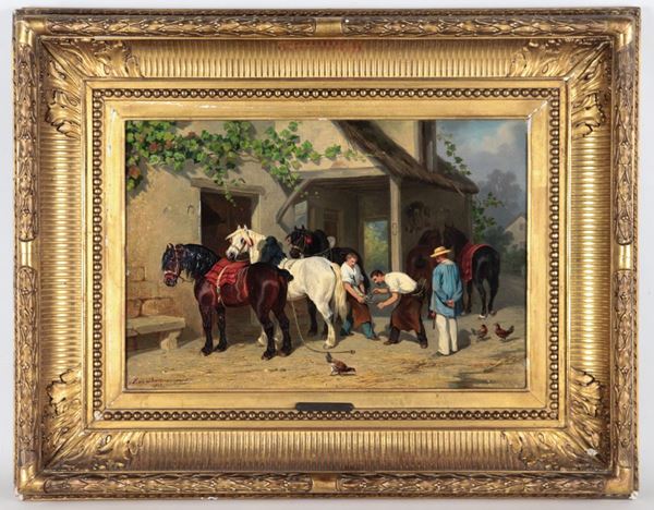 Jules De Bonnemaison - Firmato e datato 1863. "La bottega del maniscalco", dipinto ad olio su tela