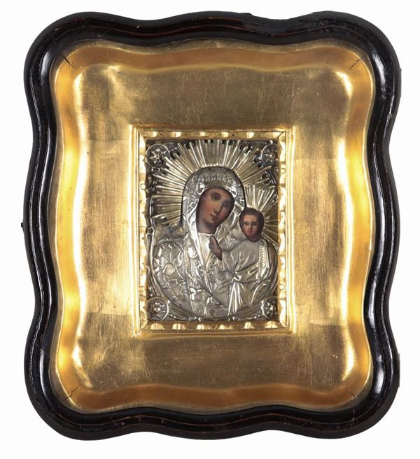 Small travel icon "Mother of God of Kazan", painted on wood with silver bristles