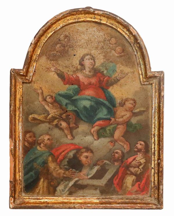Scuola Napoletana Fine XVIII Secolo - "Ascensione della Vergine", piccolo dipinto a sesto ovale ad olio su tavola