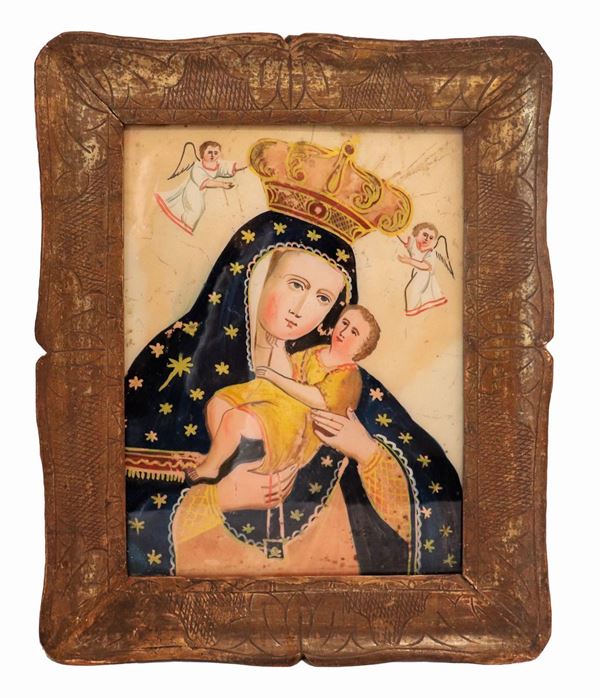 Scuola Napoletana XIX Secolo - "Madonna con Bambino ed Angeli", dipinto ad olio sottovetro