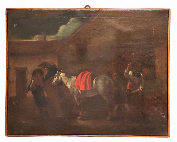 Scuola Italiana Fine XVII Secolo - "La bottega del maniscalco e cavalieri", piccolo dipinto ad olio su tela