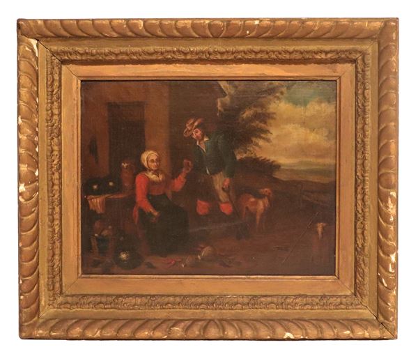 Scuola Francese Inizio XIX Secolo - "Cacciatore e venditrice di frutta e ortaggi", piccolo dipinto ad olio su tela applicata a tavola