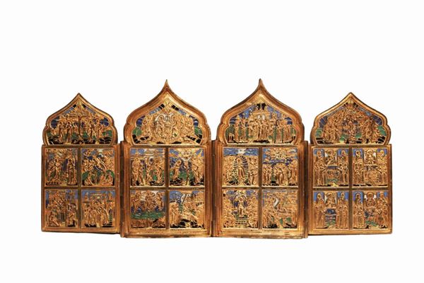 Polyptych of the Holidays, icon in bronze and blue and green enamels