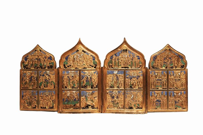 Polittico delle Feste, icona in bronzo e smalti celesti e verdi