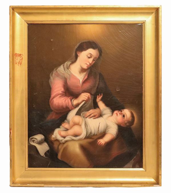 Scuola Italiana Inizio XIX Secolo - "Madonna con Bambino", dipinto ad olio su tela