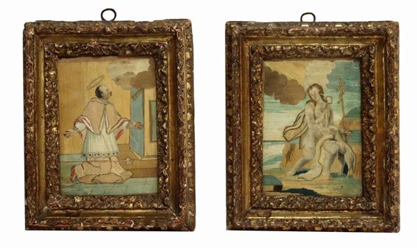 Elmo Marianna (Lecce 1730) - Attributed. "Saints", pair of small paintings on silk thread embroidery glued, according to the technique of "Broderie a fils collés"