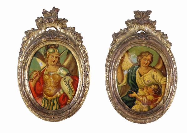 Scuola Italiana Fine XVIII - Inizio XIX Secolo - "The Archangels Michael and Raphael", pair of small oval oil paintings on copper