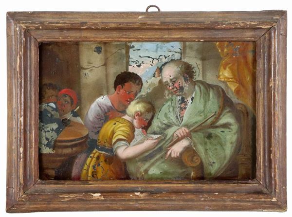 Scuola Veneta XVIII Secolo - "Children with the tutor", small oil painting under glass