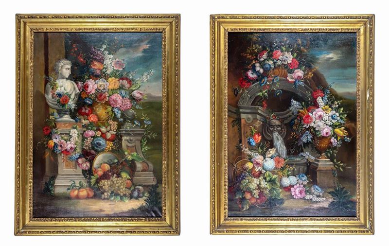 "Nature morte di fiori e frutta", coppia di dipinti ad olio su tela di ottima esecuzione pittoric...