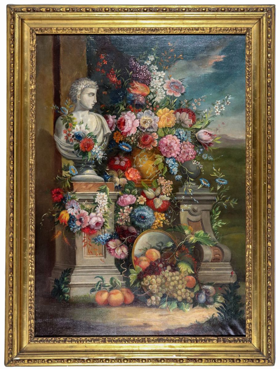 "Nature morte di fiori e frutta", coppia di dipinti ad olio su tela di ottima esecuzione pittoric...