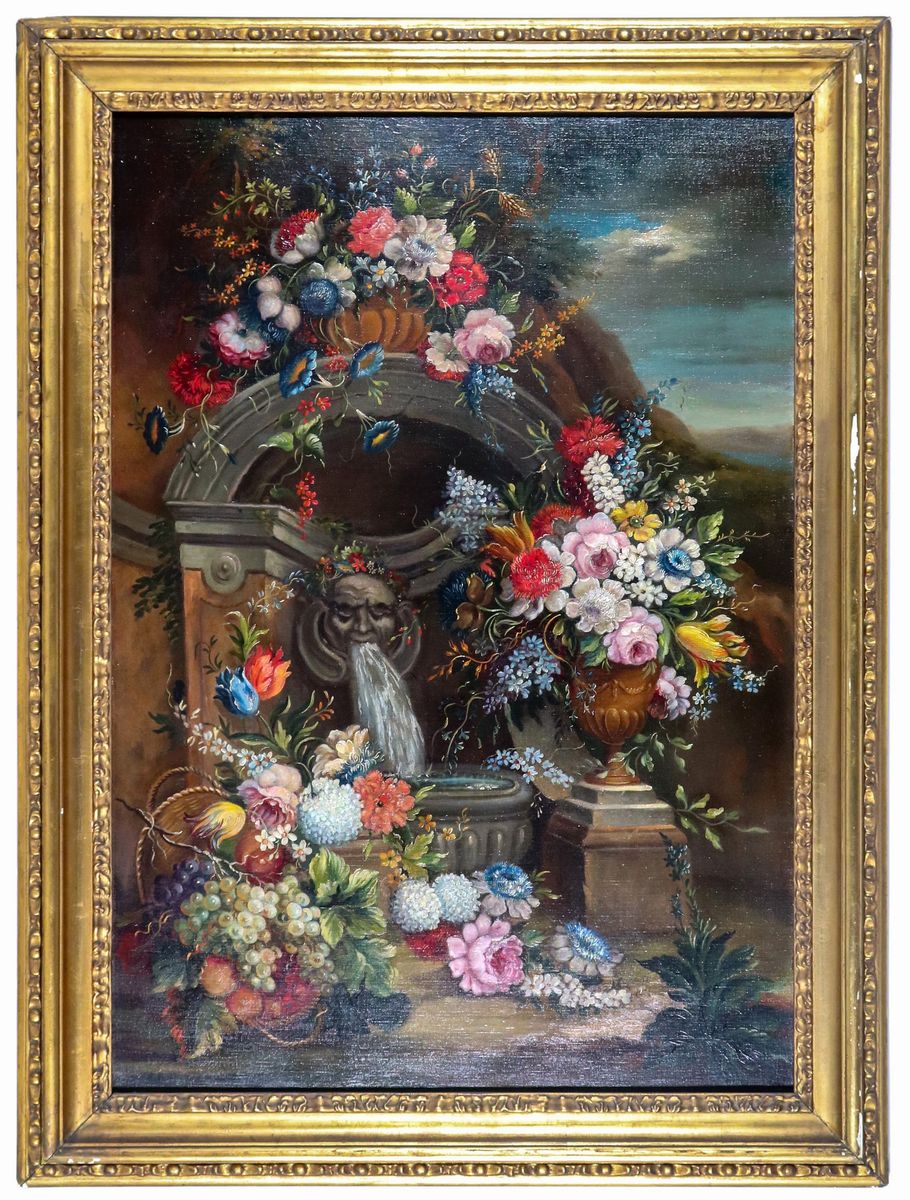 "Nature morte di fiori e frutta", coppia di dipinti ad olio su tela di ottima esecuzione pittoric...