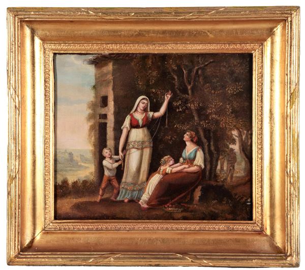 Pittore Toscano Epoca Neoclassica XIX Secolo - "The meeting of mothers with their children", small oil painting on canvas
