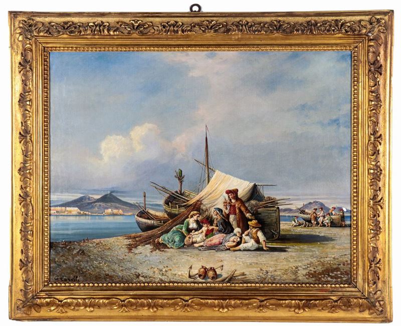 Firmato. "Marina con il Golfo di Napoli, il Vesuvio e il riposo dei pescatori", dipinto ad olio s...