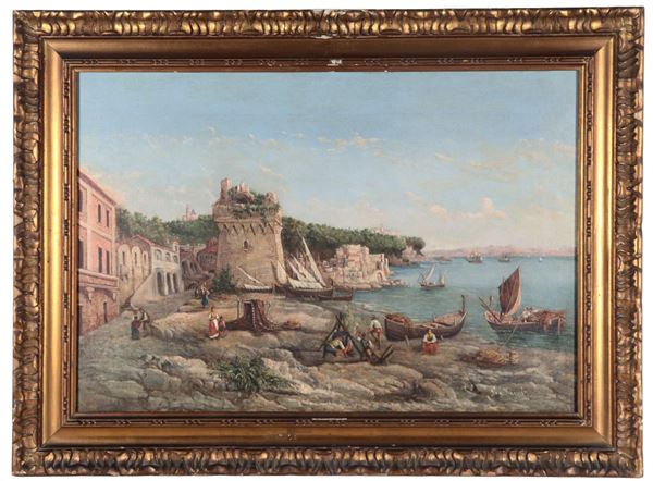 Scuola Italiana XIX Secolo - Firmato. "Marina con veduta di costa, porticciolo e barche di pescatori", dipinto ad olio su tela