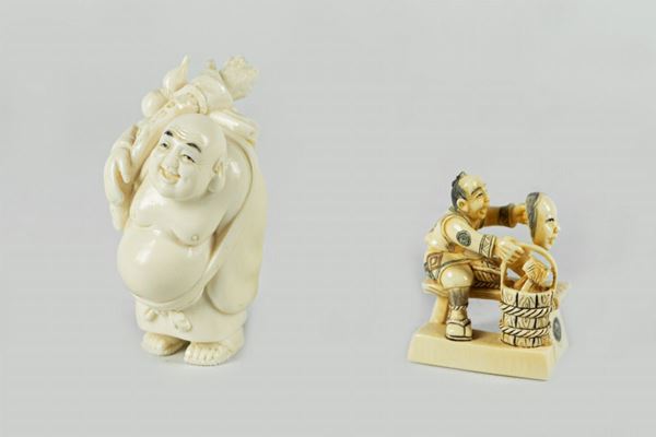 Pair of Chinese ivory figurines &quot;Farmer and mask seller&quot;