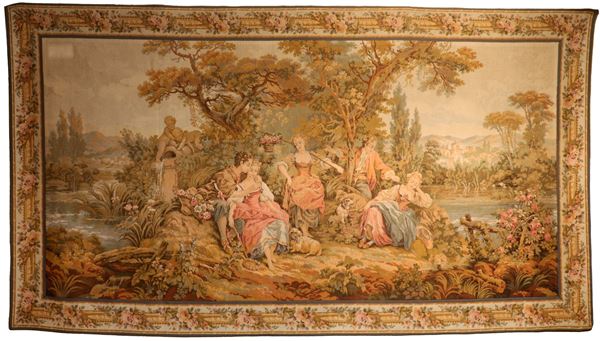 Large tapestry "Gallant scenes in the park of the villa"  (1920s-30s)  - Auction Timed Auction - ANTIQUES FROM PRIVATE COLLECTIONS - Gelardini Aste Casa d'Aste Roma