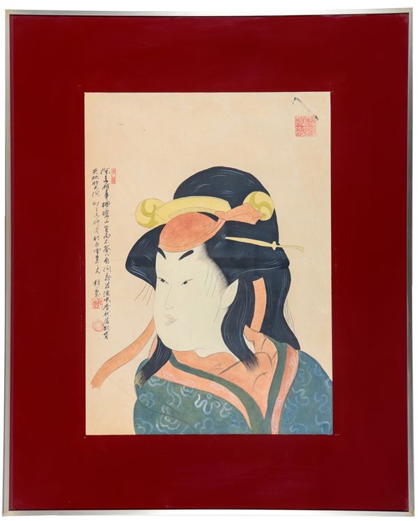 "Cortigiana imperiale", antico disegno giapponese acquarellato su carta di riso, con iscrizioni e firma
