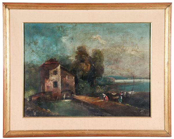 Scuola Italiana XIX Secolo - "Paesaggio con casa contadina e lavandaie", dipinto ad olio su tela