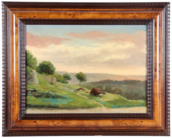 Scuola Italiana Fine XIX Secolo - "Paesaggio collinare con alberi", piccolo dipinto ad olio su tela