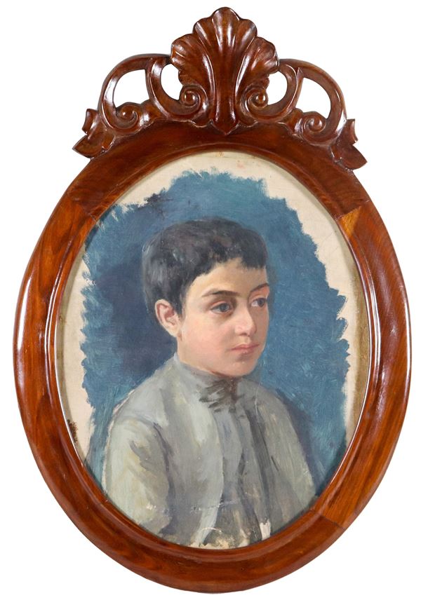 Scuola Lombarda Fine XIX Secolo - "Ritratto di fanciullo", piccolo dipinto ovale ad olio