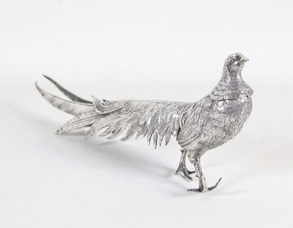Sculpture in silver "Pheasant", chiseled and embossed with the head forming a cap, gr. 470