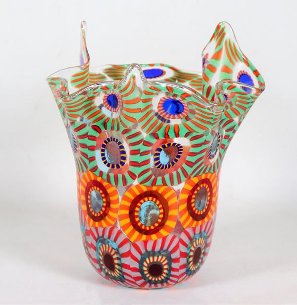 Handkerchief vase in Murano glass with multicolored Murrine