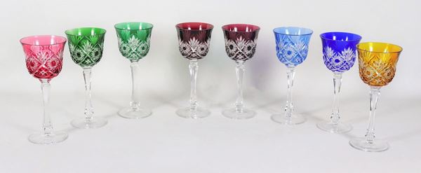 Lot of eight crystal goblet glasses worked with a diamond point in various colors