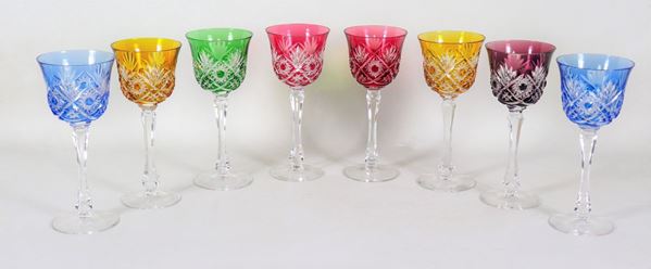 Lot of eight crystal goblet glasses worked with a diamond point in various colors