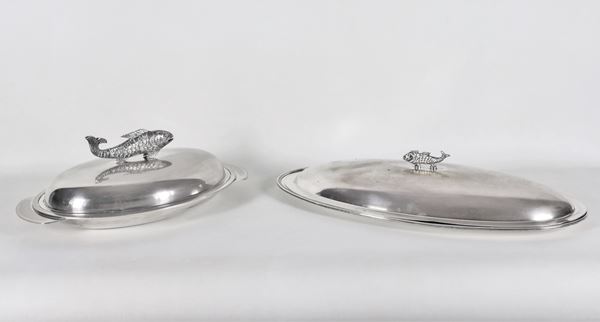 Lot of two silver-plated metal fish bowls with fish-shaped knobs