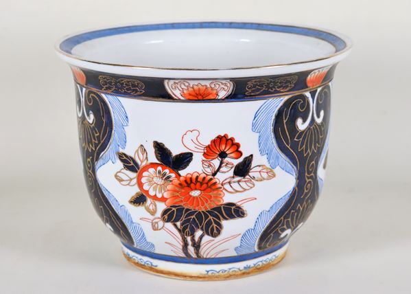 Cachepot cinese in porcellana, con decorazioni floreali su fondo blu e bianco