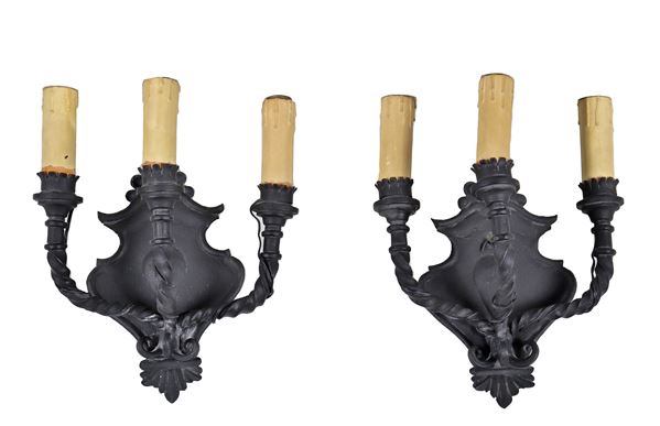 Pair of small sconces in black wrought iron, 3 lights each